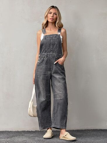 Women Barrel Overalls Casual Denim Jumpsuits Loose Baggy Sleeveless Bib Jeans Pants Jumpers with Pockets in Kuwait