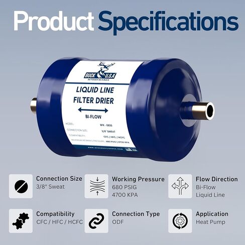Buck Single Flow Refrigerant Liquid Line Filter Drier 3/8" ODF Sweat BDML-083S - Compatible with CFC, HCFC, HFC - Straight Cool Air Conditioners (1-5 Tons) in Kuwait