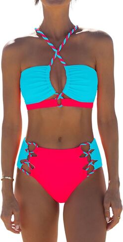 popvil Color Block Two Piece Swimsuits for Women Mid Rise Bikini Sets Cheeky Bathing Suits Criss Cross Cutout Top in Saudi Arabia