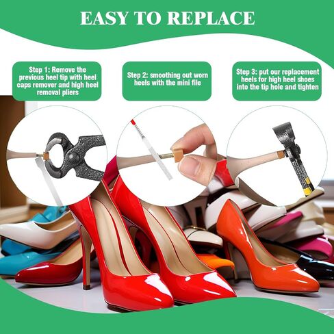 75Pcs High Heel Replacement Tips Assortment Set with Repair Tools, 8mm/9mm/10mm/11mm/12mm/13mm U Shape Skid Resistant Women Shoes Tap Caps Fix Kit for Stiletto (Black) in Saudi Arabia