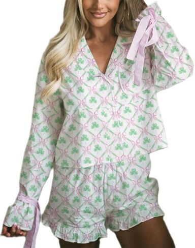 Women Holiday Party Pajamas Cute Satin Silk PJs 2 Piece Outfits Long Sleeve Button Down Shirt Lounge Shorts Sets in Kuwait