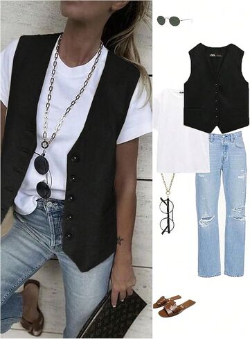 MakeMeChic Women's Vest Top Asymmetrical V Neck Button Down Sleeveless Cropped Vest Waistcoat in Saudi Arabia