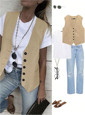MakeMeChic Women's Vest Top Asymmetrical V Neck Button Down Sleeveless Cropped Vest Waistcoat in Saudi Arabia