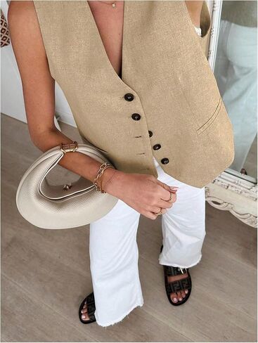 MakeMeChic Women's Vest Top Asymmetrical V Neck Button Down Sleeveless Cropped Vest Waistcoat in Saudi Arabia
