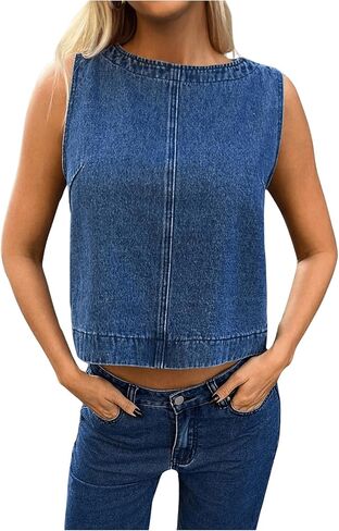 MakeMeChic Women's Round Neck Sleeveless Denim Vest Zipper Back Loose Fit Crop Top in Saudi Arabia