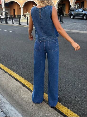 MakeMeChic Women's Round Neck Sleeveless Denim Vest Zipper Back Loose Fit Crop Top in Saudi Arabia