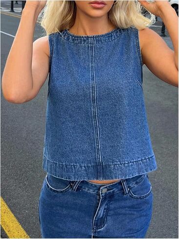 MakeMeChic Women's Round Neck Sleeveless Denim Vest Zipper Back Loose Fit Crop Top in Saudi Arabia