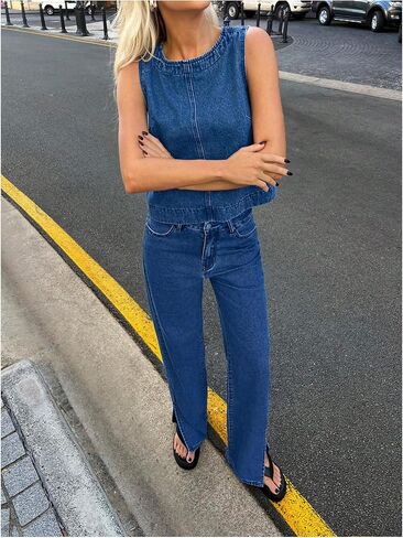 MakeMeChic Women's Round Neck Sleeveless Denim Vest Zipper Back Loose Fit Crop Top in Saudi Arabia