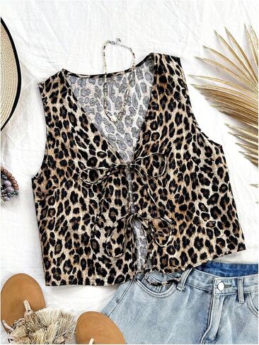 SHENHE Women's Leopard Vest Top Tie Front Animal Print Sleeveless Vintage Fashion Vest Crop Top in Kuwait