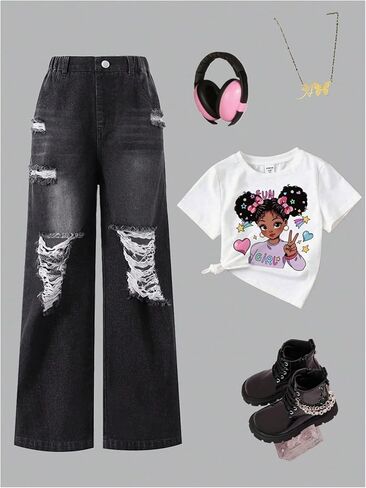 Floerns Girl's Elastic Waist Ripped Long Jeans Wide Leg Y2K Streetwear Denim Pants in Saudi Arabia