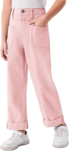 Haloumoning Girls Wide Leg Jeans Kids Fashion Elastic Waist Denim Pants with Pockets 5-14 Years in Saudi Arabia