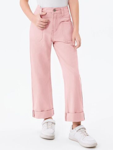 Haloumoning Girls Wide Leg Jeans Kids Fashion Elastic Waist Denim Pants with Pockets 5-14 Years in Saudi Arabia