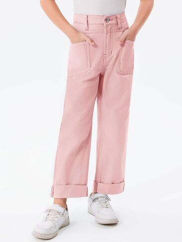 Haloumoning Girls Wide Leg Jeans Kids Fashion Elastic Waist Denim Pants with Pockets 5-14 Years in Saudi Arabia
