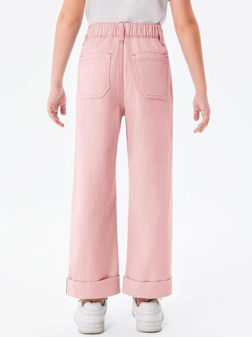 Haloumoning Girls Wide Leg Jeans Kids Fashion Elastic Waist Denim Pants with Pockets 5-14 Years in Saudi Arabia
