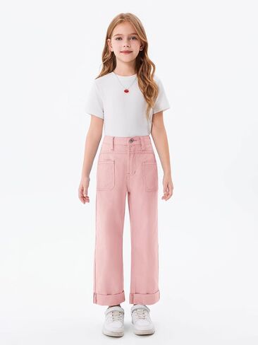 Haloumoning Girls Wide Leg Jeans Kids Fashion Elastic Waist Denim Pants with Pockets 5-14 Years in Saudi Arabia