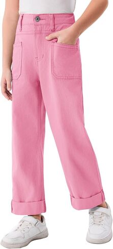 Haloumoning Girls Wide Leg Jeans Kids Fashion Elastic Waist Denim Pants with Pockets 5-14 Years in Saudi Arabia
