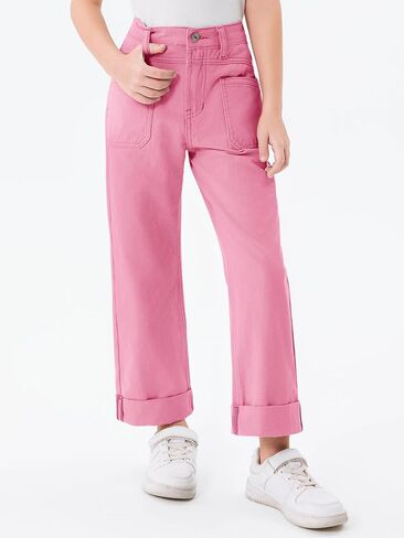 Haloumoning Girls Wide Leg Jeans Kids Fashion Elastic Waist Denim Pants with Pockets 5-14 Years in Saudi Arabia