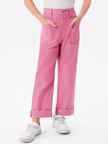 Haloumoning Girls Wide Leg Jeans Kids Fashion Elastic Waist Denim Pants with Pockets 5-14 Years in Saudi Arabia