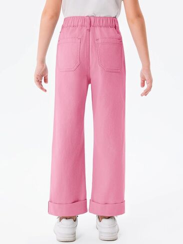 Haloumoning Girls Wide Leg Jeans Kids Fashion Elastic Waist Denim Pants with Pockets 5-14 Years in Saudi Arabia