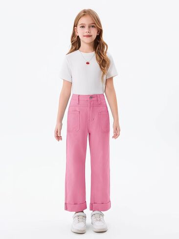 Haloumoning Girls Wide Leg Jeans Kids Fashion Elastic Waist Denim Pants with Pockets 5-14 Years in Saudi Arabia