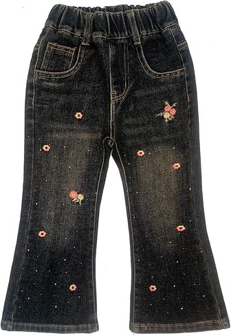 Peacolate 2-8Years Little Girls' Black Embroidered Jeans Pants for Big Girls in Kuwait