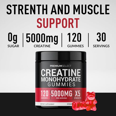 Creatine Monohydrate Gummies Strawberry for Men & Women, 100% Pure Creatine Gummies, 5g per Serving + Vegan, Sugar Free, No Bloat + Strength, Energy, Muscle Recovery + Growth & Booty Gain - 120 Count in Saudi Arabia