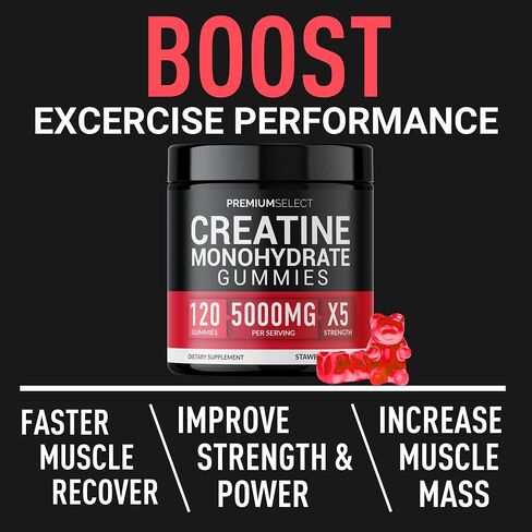 Creatine Monohydrate Gummies Strawberry for Men & Women, 100% Pure Creatine Gummies, 5g per Serving + Vegan, Sugar Free, No Bloat + Strength, Energy, Muscle Recovery + Growth & Booty Gain - 120 Count in Saudi Arabia