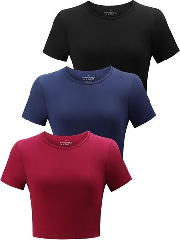 3 Pack Women's Crop Tops Workout Tshirt Cotton Short Sleeve T Shirts Cropped Basic Tees in Kuwait
