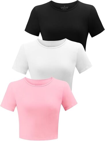 3 Pack Women's Crop Tops Workout Tshirt Cotton Short Sleeve T Shirts Cropped Basic Tees in Kuwait