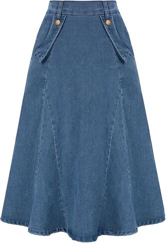 Belle Poque Women's Denim Skirts Vintage Elastic High Waist A-Line Long Maxi Jean Skirts with Pockets in Kuwait