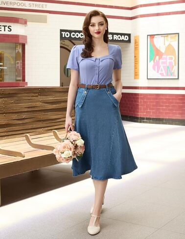 Belle Poque Women's Denim Skirts Vintage Elastic High Waist A-Line Long Maxi Jean Skirts with Pockets in Kuwait