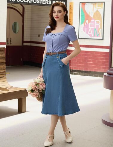 Belle Poque Women's Denim Skirts Vintage Elastic High Waist A-Line Long Maxi Jean Skirts with Pockets in Kuwait