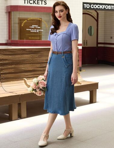 Belle Poque Women's Denim Skirts Vintage Elastic High Waist A-Line Long Maxi Jean Skirts with Pockets in Kuwait