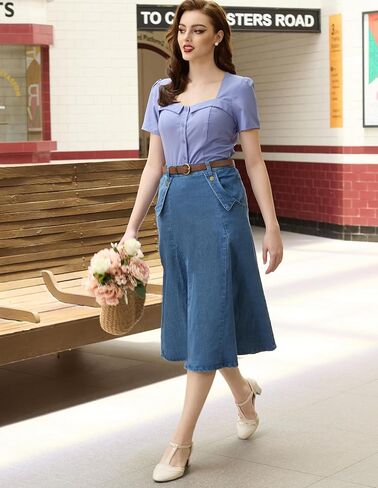 Belle Poque Women's Denim Skirts Vintage Elastic High Waist A-Line Long Maxi Jean Skirts with Pockets in Kuwait