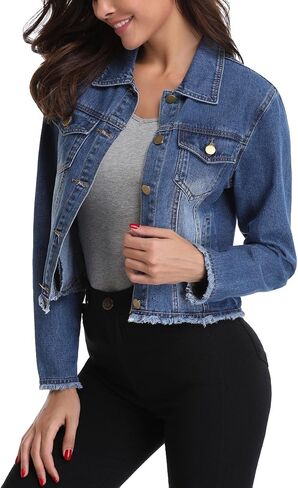 MISS MOLY Jean Jacket Women’s Frayed Washed Button Up Cropped Denim Jacket w 2 Side Pockets in Kuwait