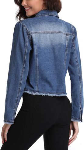 MISS MOLY Jean Jacket Women’s Frayed Washed Button Up Cropped Denim Jacket w 2 Side Pockets in Kuwait