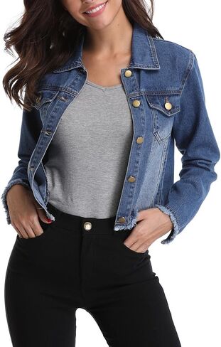 MISS MOLY Jean Jacket Women’s Frayed Washed Button Up Cropped Denim Jacket w 2 Side Pockets in Kuwait