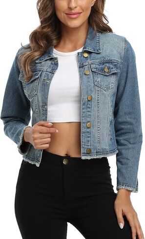 MISS MOLY Jean Jacket Women’s Frayed Washed Button Up Cropped Denim Jacket w 2 Side Pockets in Kuwait