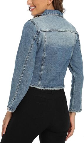 MISS MOLY Jean Jacket Women’s Frayed Washed Button Up Cropped Denim Jacket w 2 Side Pockets in Kuwait