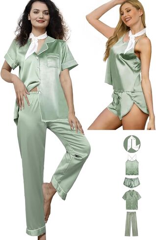 5Pcs Womens Silk Pajamas Set Sexy Cami Shorts Pj Sets Lingerie Satin Pajama Sets Loungewear Pjs Silky Sleepwear in Kuwait