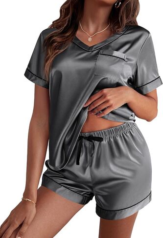 Ekouaer بيجامة حريرية للنساء بأكمام قصيرة من الساتان طقم بيجامة من قطعتين ملابس نوم ناعمة، S-XXL in Saudi Arabia