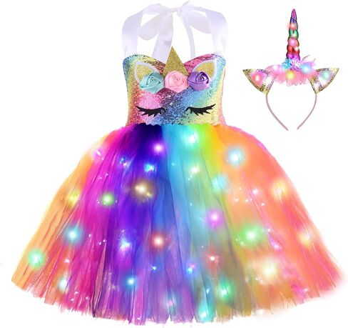 ZeroStage Sequin LED Light Unicorn Costume for Girl Birthday Decorations Halloween Christmas Party Outfit Princess Tutu Dress in Saudi Arabia