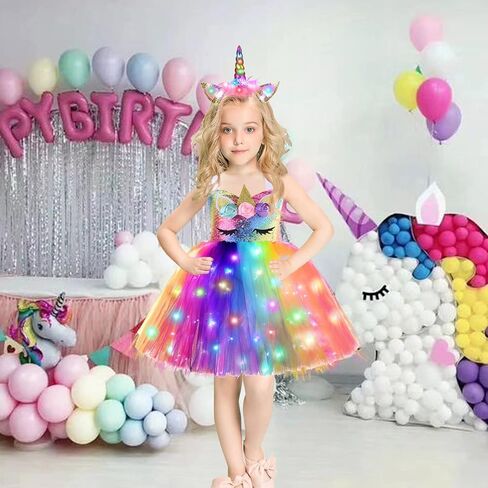 ZeroStage Sequin LED Light Unicorn Costume for Girl Birthday Decorations Halloween Christmas Party Outfit Princess Tutu Dress in Saudi Arabia