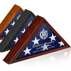 Personalized Flag Case for Burial Flag DIY by Yourself, Glass Front Mahogany Display Case for 5'x9.5' Flag, Wall Mounted Custom Name Wood Shadow Box for Military with Metal Letters and Logo Stickers