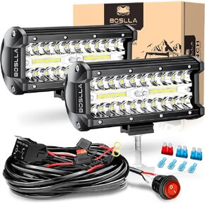 boslla 7 inch LED Light Bar, LED Fog Lights Off Road Lights with Wiring Harness Kit, Spot Flood Combo Beam Led Driving Lights, LED Lights for Car Truck ATV UTV Boat (2Pcs)