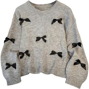 MakeMeChic Girl's Bow Decor Crew Neck Long Sleeve Sweater Drop Shoulder Cute Pullover Top