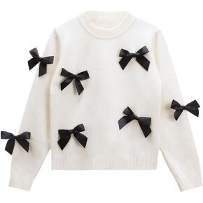 Danny D Girl' s Bow Crew Neck Pullover Sweaters Girl Children Long Sleeve Knitted Sweater