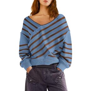 Panadila Womens Striped Off Shoulder Sweater Oversized Long Sleeve V Neck Sweater Tops Knitted Color Block Pullover