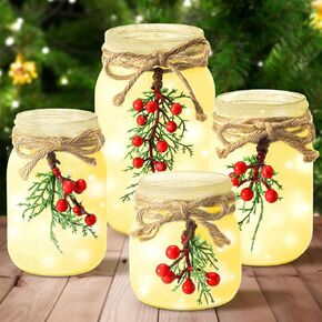 Honeydak 4 Pcs Christmas Mason Jar Christmas Table Centerpiece Assorted Size Light Mason Jars with Berry Rustic Farmhouse Xmas Frosted Mason Jar for Winter Holiday Room Decor