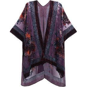 WeHello Women's Burnout Velvet Kimono Long Cardigan Cover Up with Tassel (Burgandy Flower)